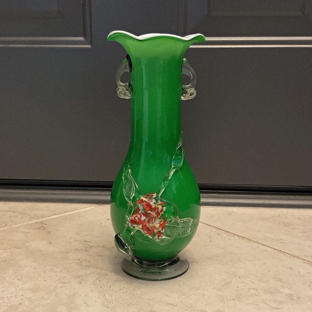 Vintage Case Art Glass Green Vase, Blown glass, 3D flower ruffled edge, handles